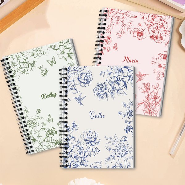 Cuaderno personalizado Toile De Jouy Floral Mariposa Colibrí A5 espiral con 120 páginas Cumpleaños Regalo de Navidad para Mujeres Niñas