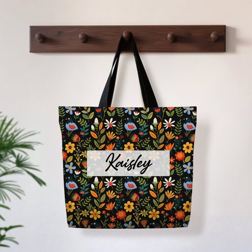 Sac Fourre-tout Personnalisé Initiale Fleur - Cadeau Femme - Toile Coton Avec Poche - Pour Mariage, Voyage