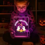 Veilleuse fantôme en acrylique avec texte et base en bois ajustable 7 lumières Décoration de bureau Cadeau d'Halloween pour la famille et les amis