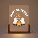 Veilleuse fantôme en acrylique avec texte et base en bois ajustable 7 lumières Décoration de bureau Cadeau d'Halloween pour la famille et les amis