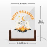 Veilleuse fantôme en acrylique avec texte et base en bois ajustable 7 lumières Décoration de bureau Cadeau d'Halloween pour la famille et les amis