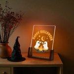 Veilleuse fantôme en acrylique avec texte et base en bois ajustable 7 lumières Décoration de bureau Cadeau d'Halloween pour la famille et les amis