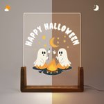 Veilleuse fantôme en acrylique avec texte et base en bois ajustable 7 lumières Décoration de bureau Cadeau d'Halloween pour la famille et les amis