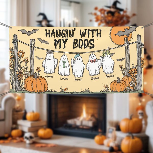 Henkilökohtainen söpö Bat Pumpkin Ghost Banner 1-6 nimet Halloween Party lahja perheelle ystävät