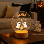 Personalized Cute Ghost Halloween Acrylic Night Light with Wooden Base and Text Halloween Gift for Friend Family