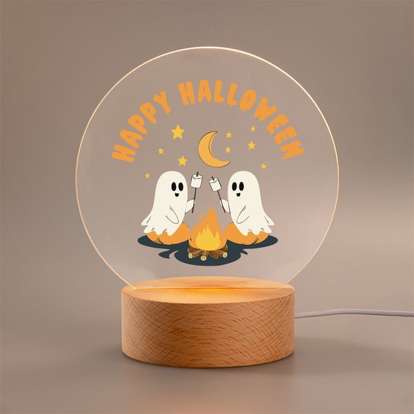 Henkilökohtainen söpö Ghost Halloween akryyli yövalo puinen pohja ja teksti Halloween syntymäpäivälahja ystävälle perheelle