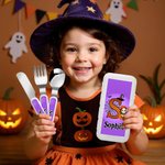 Personalized Cute Cartoon Character Spider Web Kid's Fork Spoon Knife 3 Pcs Cutlery Set with Name Halloween Party Gift for Children
