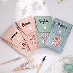 Personalized Cartoon Pajama Girl Name Portable PU Leather Makeup Brush Bag with 8 Pcs Brushes Pajama Party Bridesmaid Birthday Gift for Women