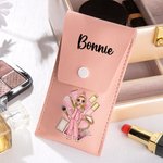 Personalized Cartoon Pajama Girl Name Portable PU Leather Makeup Brush Bag with 8 Pcs Brushes Pajama Party Bridesmaid Birthday Gift for Women
