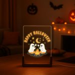 Veilleuse fantôme en acrylique avec texte et base en bois ajustable 7 lumières Décoration de bureau Cadeau d'Halloween pour la famille et les amis