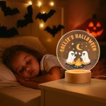 Personalized Cute Ghost Halloween Acrylic Night Light with Wooden Base and Text Halloween Gift for Friend Family