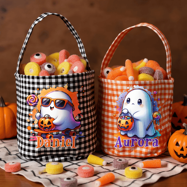 Secchiello per caramelle a scacchi con nome personalizzato con cappello magico a forma di zucca, regalo per bambini per la festa di Halloween