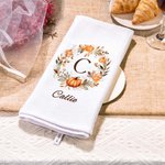 Personalized Pumpkin Wreath Initial Super Absorbent Soft Waffle Tea Towel with Text Halloween Thanksgiving Gift for Cooking Enthusiast Family