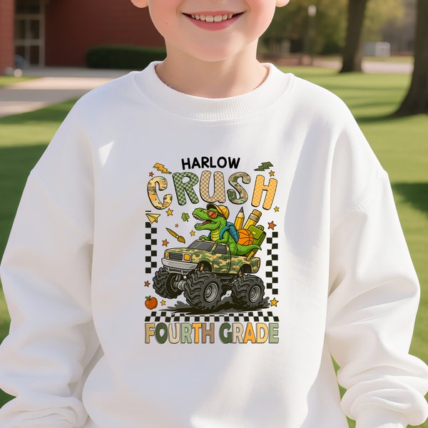 Personalised Dinosaur Grid Lorry Multicolor T-shirt Sweatshirt Hoodie with Grade and Name Back to School Birthday Gift for Boys Girls