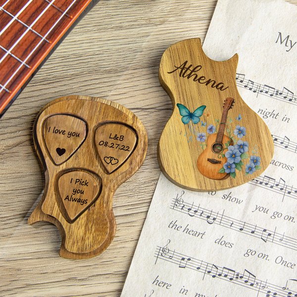 Personalised Guitar Birth Flower Butterfly Wooden Guitar Name Picks Storage Box with 3 Picks Birthday Gift for Music Lovers Guitarists