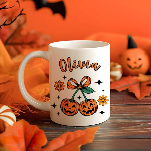 Henkilökohtainen Cherry Pumpkin 11 oz 15 oz Keraaminen muki nimellä Päivittäinen käyttö Halloween Koristeet Lahja perheelle Ystävät
