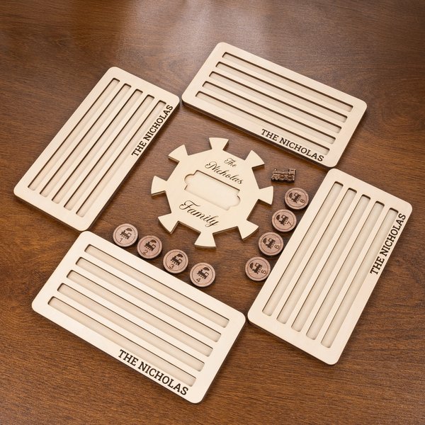 Personalized Wooden Mexican Train Domino Hub and Holder Set with Engraved Text Family Game Night Birthday Gift for Family Friend
