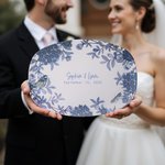 Personalized Blue Flower Toile De Jouy Platter with Stand Name and Date Home Decor Bridal Shower Wedding Gift for Newlywed Couple