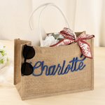 Personalised Embroidered Name Jute Tote Bag with Ribbon Wedding Bridal Shower Birthday Gift for Brides Bridesmaids Women