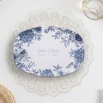 Personalized Blue Flower Toile De Jouy Platter with Stand Name and Date Home Decor Bridal Shower Wedding Gift for Newlywed Couple