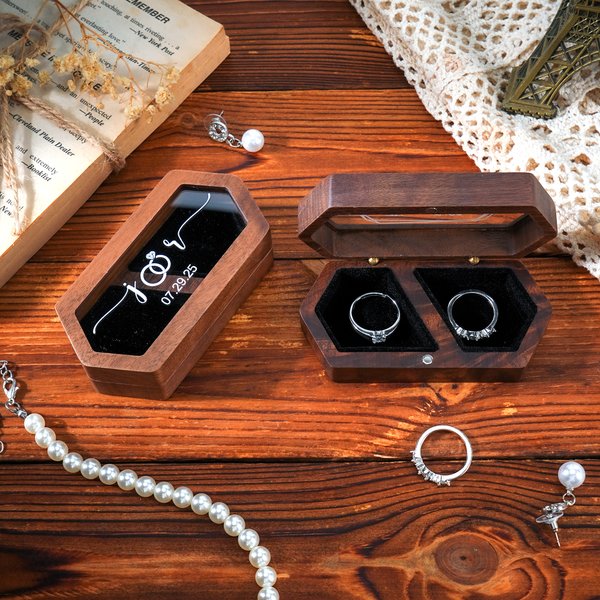 Personalized Flower Long Hexagon Wooden Ring Box with Name and Double Slots Wedding Engagement Proposal Keepsake Gift for Newlyweds