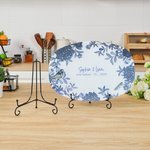 Personalized Blue Flower Toile De Jouy Platter with Stand Name and Date Home Decor Bridal Shower Wedding Gift for Newlywed Couple