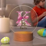 Personlig LED nattlampa söt påskkanin med bokstavsdesign i rosa rosett och träbas rumsdekoration födelsedags och påskpresent