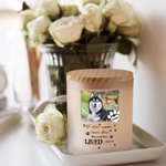Tarro de vela personalizado con foto de mascota, nombre, vela LED y tapa de madera Regalo conmemorativo por la pérdida de una mascota