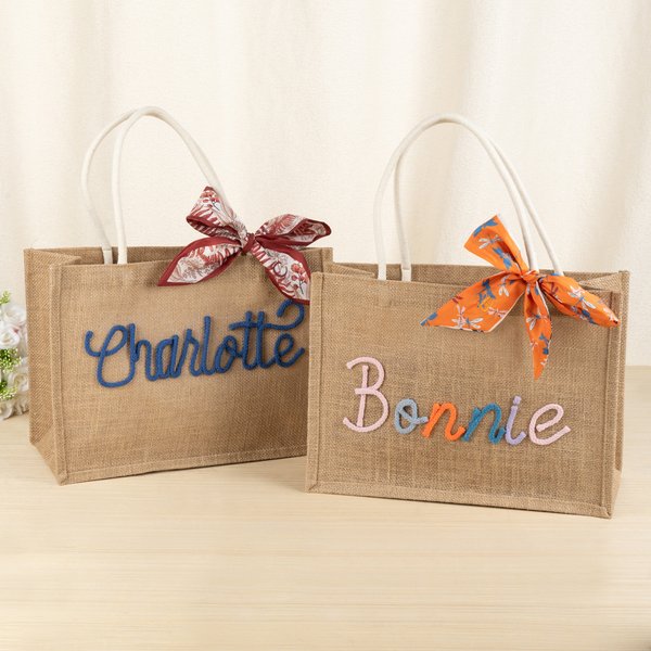 Personalised Embroidered Name Jute Tote Bag with Ribbon Wedding Bridal Shower Birthday Gift for Brides Bridesmaids Women