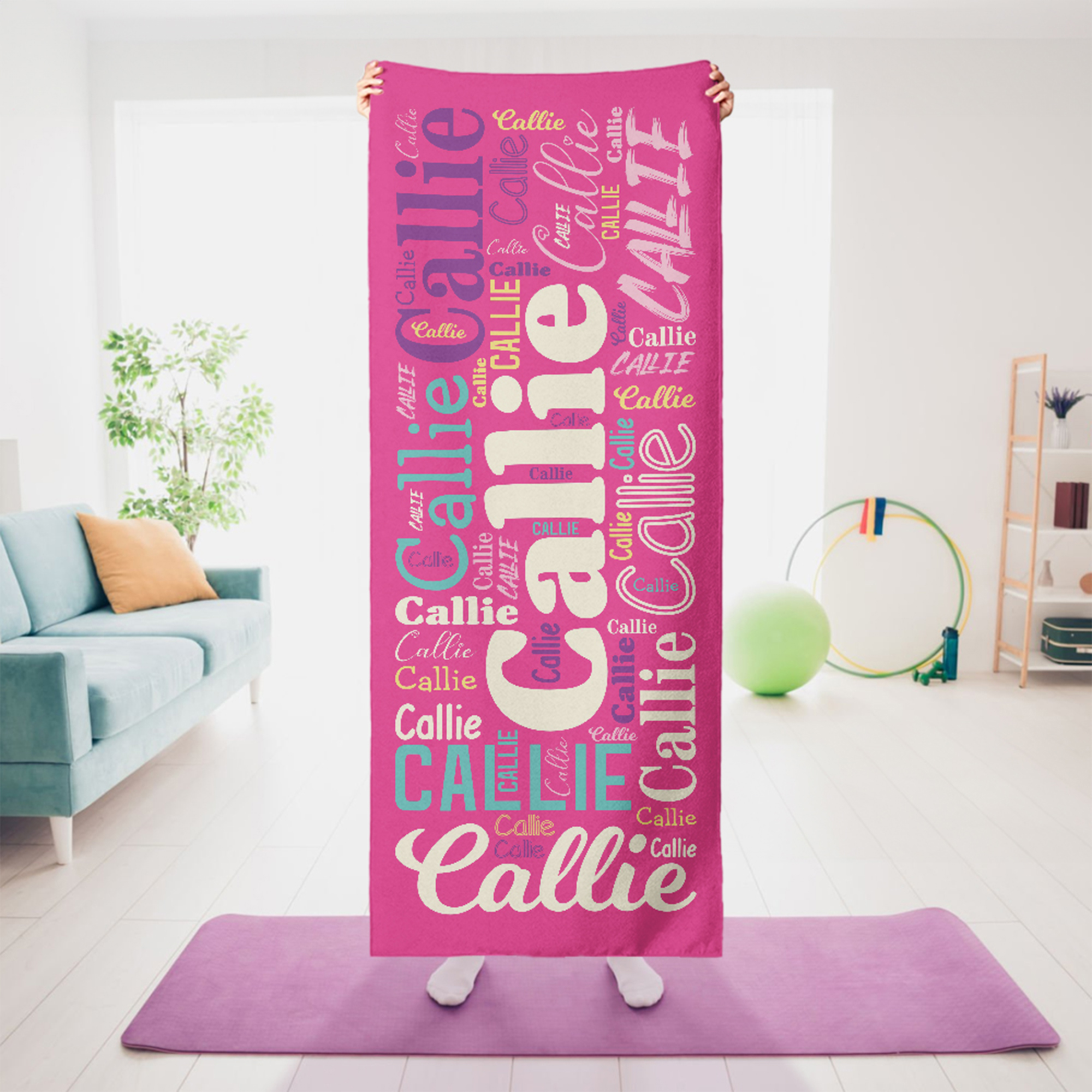 Nom personnalisé Nuage de mots Serviette de yoga super absorbante Accessoires de sport Fête de vacances Cadeau d'anniversaire pour les amateurs de yoga Femmes