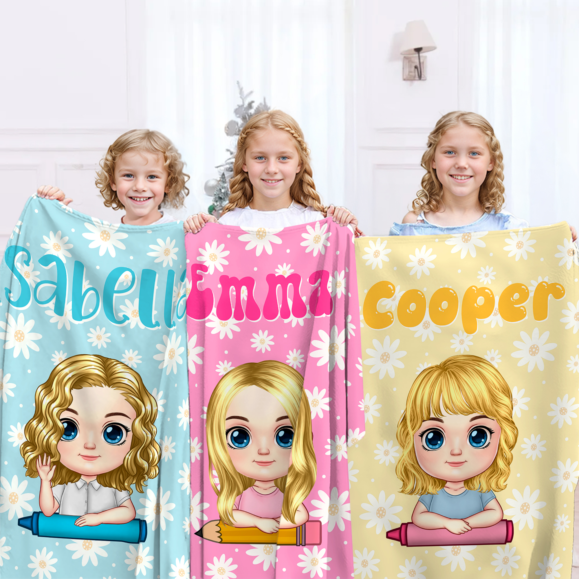 Personnalisé Multicolore Daisy Cute Cartoon Character Crayon Soft Throw Blanket with Name Birthday Gift for Boys Girls