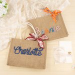 Personalised Embroidered Name Jute Tote Bag with Ribbon Wedding Bridal Shower Birthday Gift for Brides Bridesmaids Women