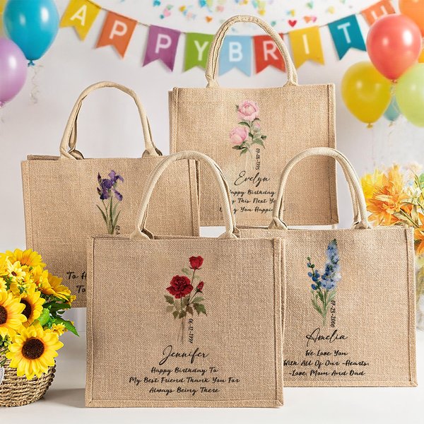 Bolsa de yute grande con nombre, fecha y texto Regalo de cumpleaños y Navidad para mujer