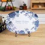 Personalized Blue Flower Toile De Jouy Platter with Stand Name and Date Home Decor Bridal Shower Wedding Gift for Newlywed Couple