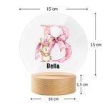 Personlig LED nattlampa söt påskkanin med bokstavsdesign i rosa rosett och träbas rumsdekoration födelsedags och påskpresent