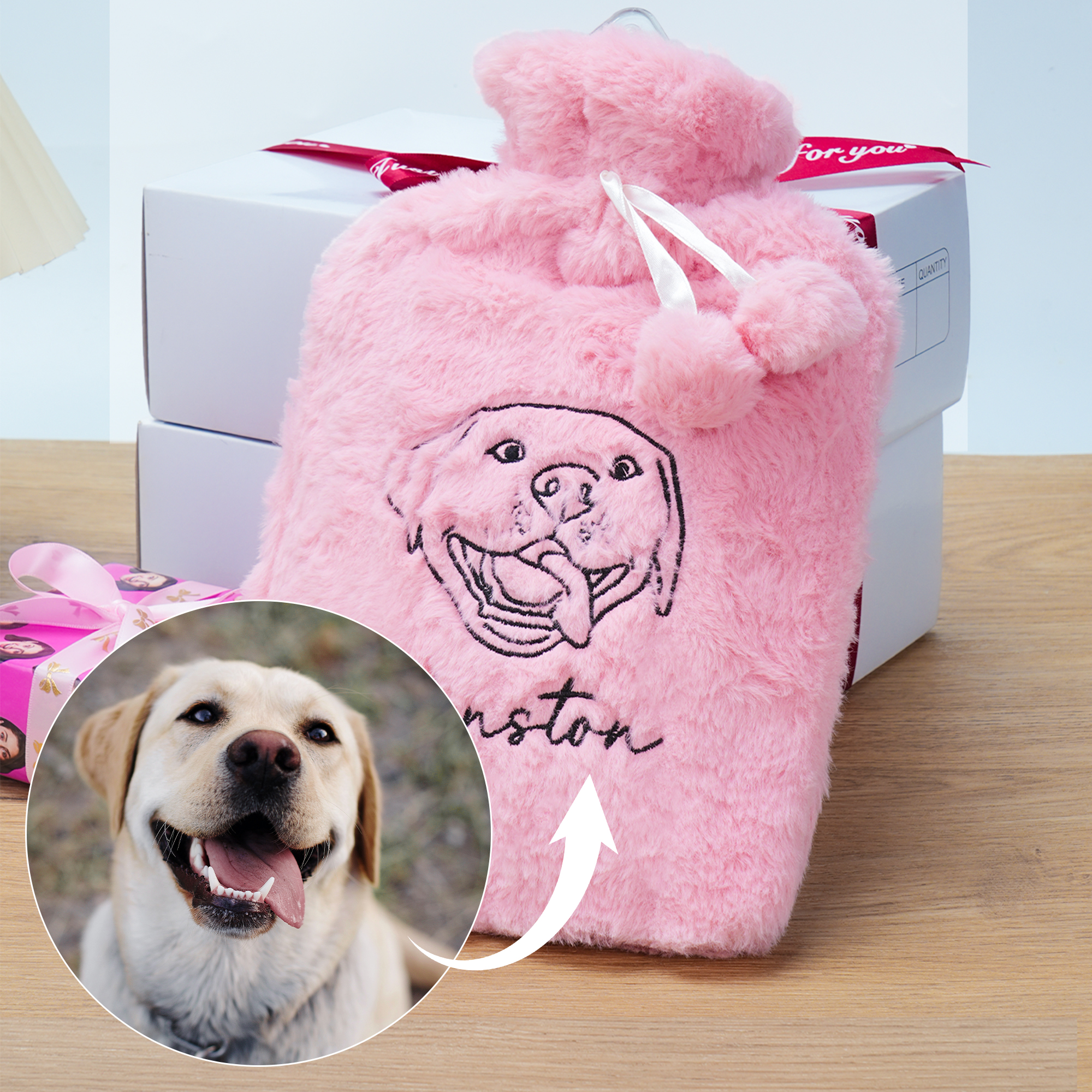 Bouteille d'eau chaude brodée personnalisée avec nom et housse souple Cadeau d'anniversaire et de Noël pour les amoureux des animaux de compagnie et les amis de la famille