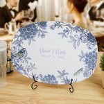 Personalized Blue Flower Toile De Jouy Platter with Stand Name and Date Home Decor Bridal Shower Wedding Gift for Newlywed Couple