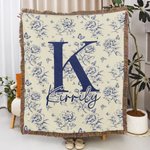 Personalized Rustic Flower Toile De Jouy Soft Tassel Blanket with Name and Initial Daily Use Home Decor Birthday Anniversary Gift for Family Friend