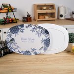 Personalized Blue Flower Toile De Jouy Platter with Stand Name and Date Home Decor Bridal Shower Wedding Gift for Newlywed Couple