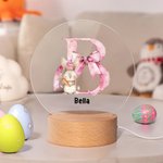 Personlig LED nattlampa söt påskkanin med bokstavsdesign i rosa rosett och träbas rumsdekoration födelsedags och påskpresent