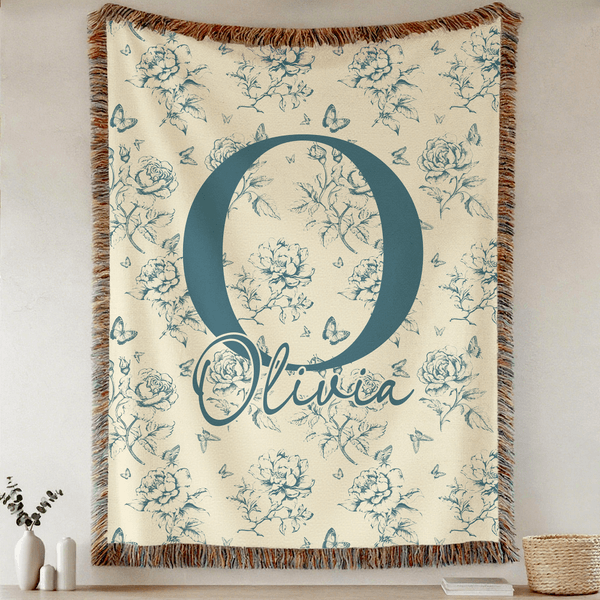 Personalized Rustic Flower Toile De Jouy Soft Tassel Blanket with Name and Initial Daily Use Home Decor Birthday Anniversary Gift for Family Friend