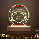 Personalized Till Death Do Us Part Skeleton Hands Acrylic LED Night Light with Wooden Base and Initials Halloween Anniversary Gift for Couples