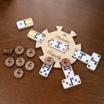 Personalized Wooden Mexican Train Domino Hub and Holder Set with Engraved Text Family Game Night Birthday Gift for Family Friend