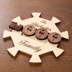 Personalized Wooden Mexican Train Domino Hub and Holder Set with Engraved Text Family Game Night Birthday Gift for Family Friend