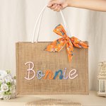 Personalised Embroidered Name Jute Tote Bag with Ribbon Wedding Bridal Shower Birthday Gift for Brides Bridesmaids Women