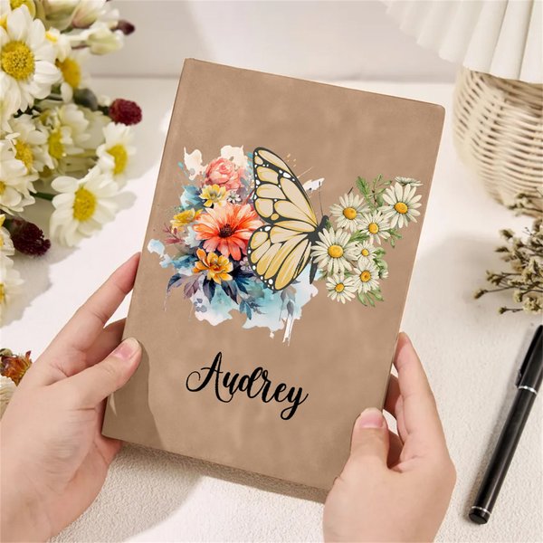 Personalised Birth Flower Butterfly Sheep Leather Notebook with 200 Lined Pages and Name Birthday Anniversary Gift for  Office Workers Friends