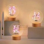 Personlig LED nattlampa söt påskkanin med bokstavsdesign i rosa rosett och träbas rumsdekoration födelsedags och påskpresent