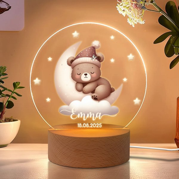 Personalised Moon Stars Cute Sleeping Animals LED Night Light with Name Date and Wooden Base Nursery Decor Birthday Baby Shower Gift for Kid