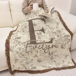 Personalized Rustic Flower Toile De Jouy Soft Tassel Blanket with Name and Initial Daily Use Home Decor Birthday Anniversary Gift for Family Friend
