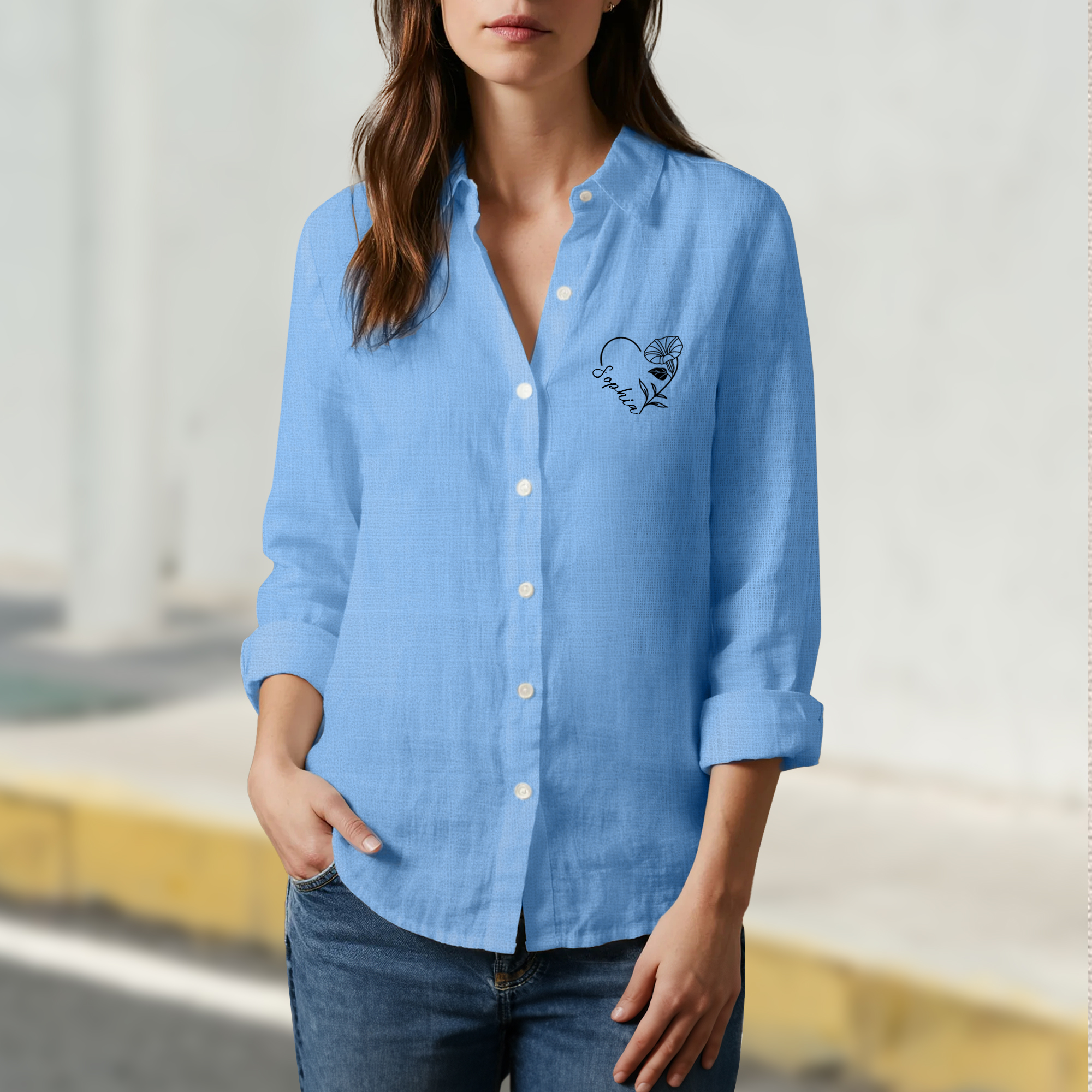 Chemise à Manches Lognues Personnalisée avec Nom et Fleur de Naissance Brodés Vêtement 100 % Coton Cadeau Anniversaire pour Femme